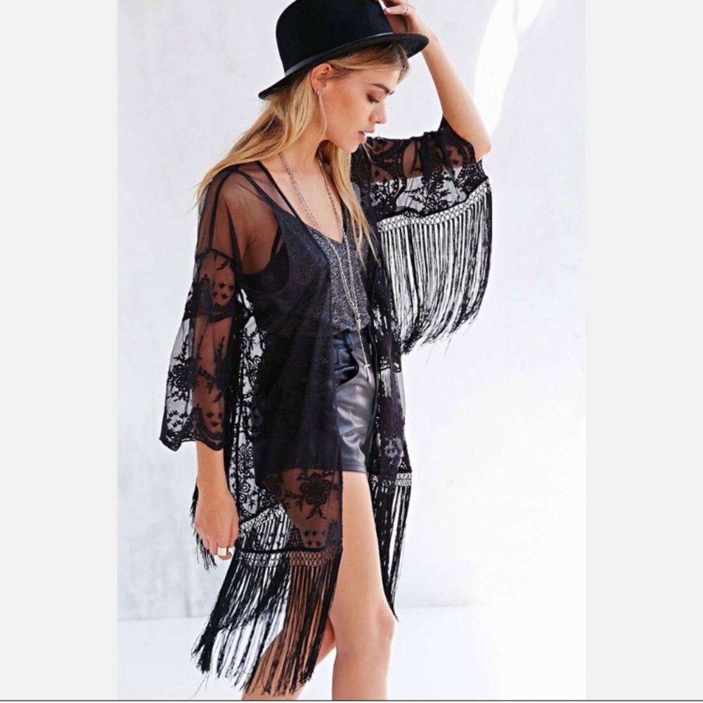 UO Pins & Needles sheer embroidered fringe kimono